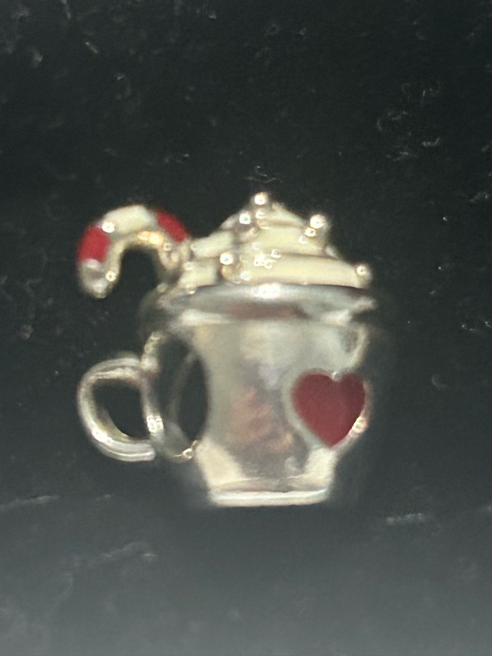 PANDORA Silver Hot Cocoa Cup Brooch with Red Heart and Candy Cane Accent
